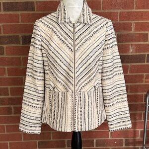 Chico's Cream, Navy, Taupe Tweed Like Zipper Blazer